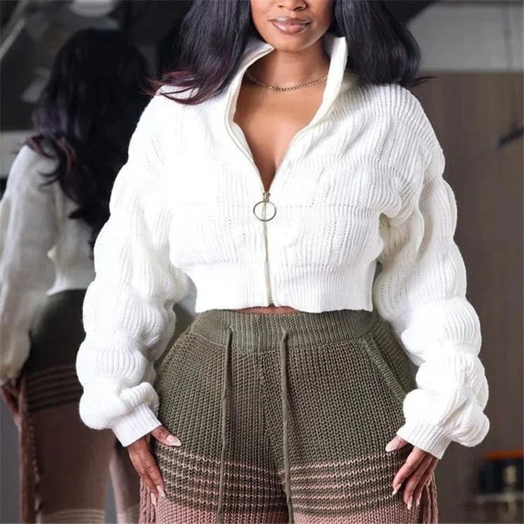 Female Lotus Lantern Long Sleeves Cardigans Zip Up Sweaters Knit Coats Woman