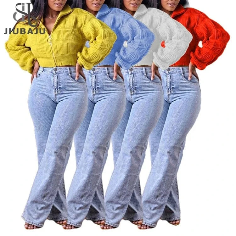 Female Lotus Lantern Long Sleeves Cardigans Zip Up Sweaters Knit Coats Woman