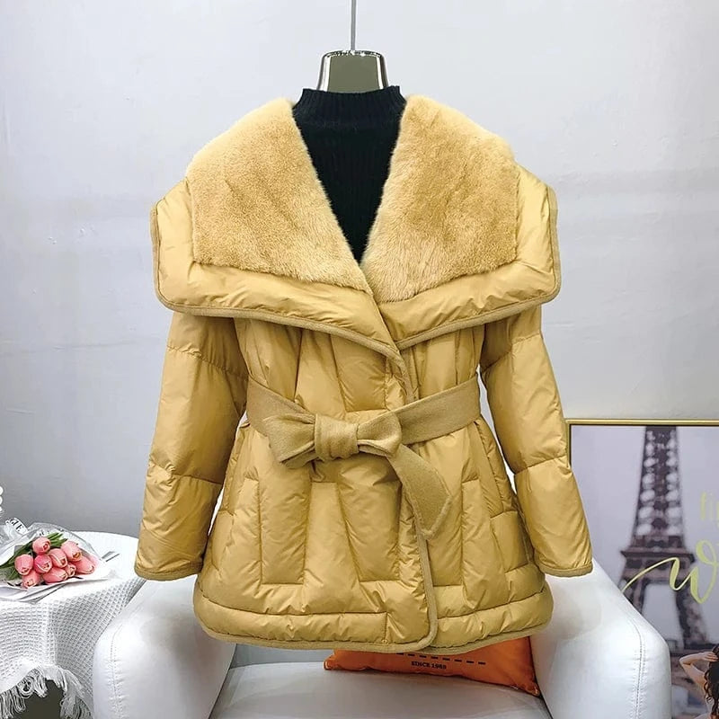 Female Luxury Mink Fur Collar Warm Coat Lady Girl Goose Down Jacket Winter Parka Overcoat JT3188