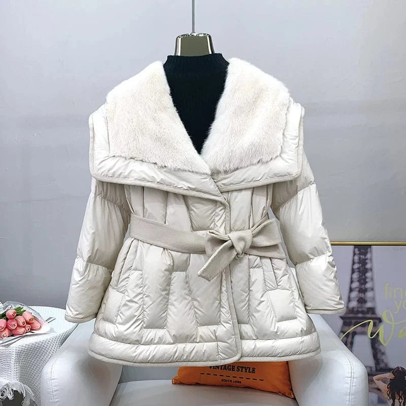 Female Luxury Mink Fur Collar Warm Coat Lady Girl Goose Down Jacket Winter Parka Overcoat JT3188