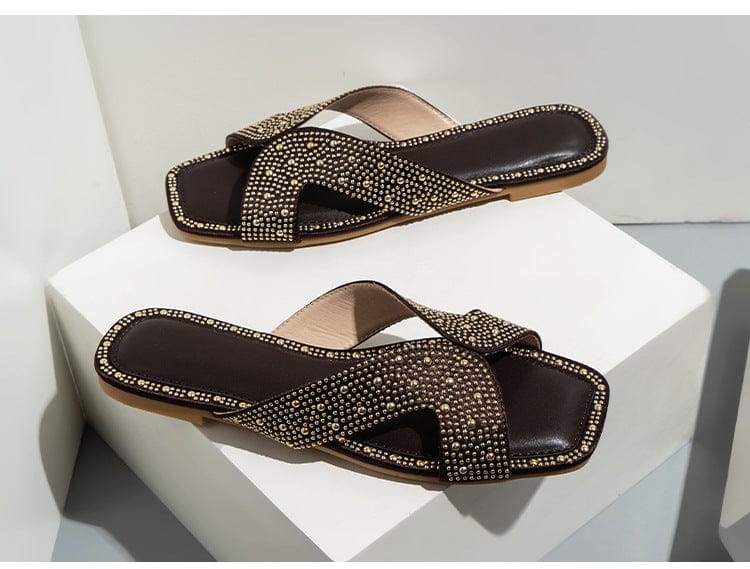 Female's new fashion hot diamond flat ladies slippers women's slides square toe cutout women beach casual sandaldo slippers