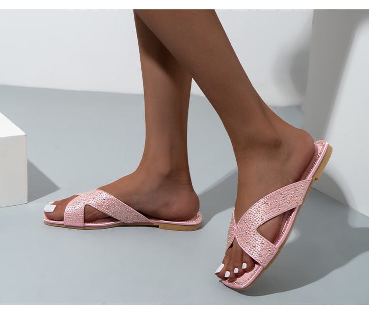 Female's new fashion hot diamond flat ladies slippers women's slides square toe cutout women beach casual sandaldo slippers