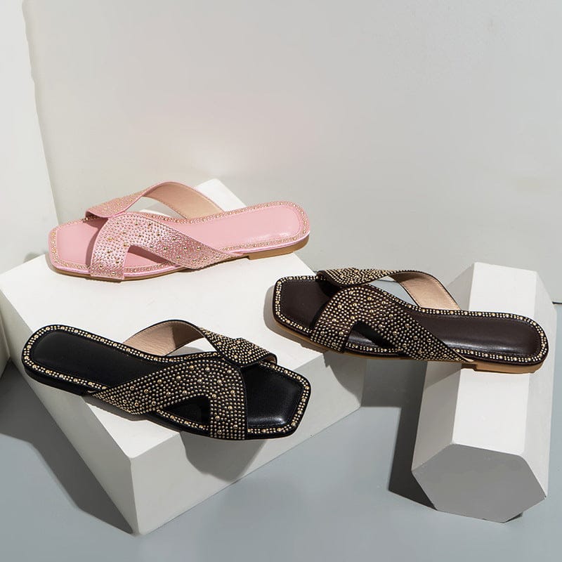 Female's new fashion hot diamond flat ladies slippers women's slides square toe cutout women beach casual sandaldo slippers