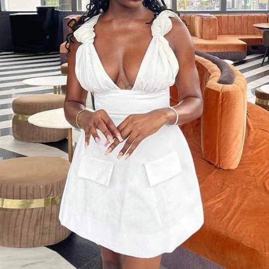 Fengway 2024 Solid Color Sling Sleeveless Dress Womens Sexy V Neck Dress Fashion High Waist A-Line Dresses