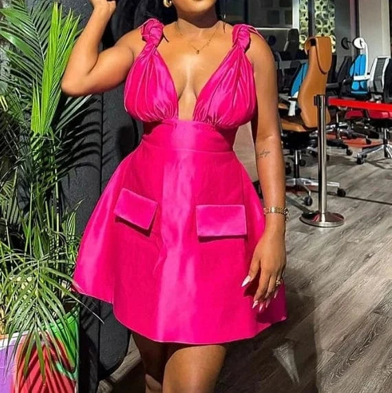 Fengway 2024 Solid Color Sling Sleeveless Dress Womens Sexy V Neck Dress Fashion High Waist A-Line Dresses