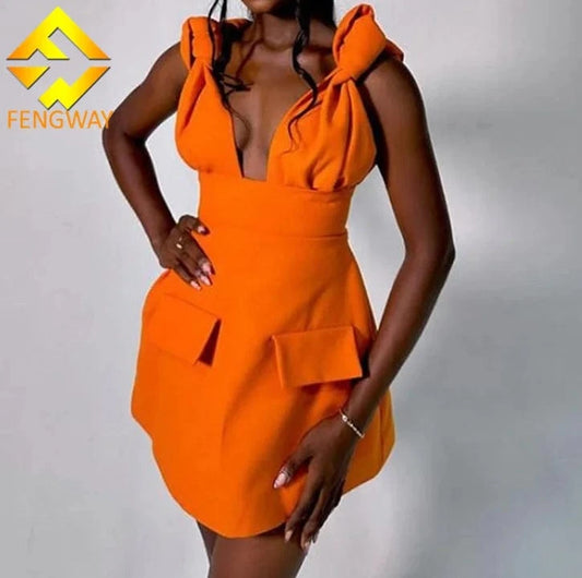 Fengway 2024 Solid Color Sling Sleeveless Dress Womens Sexy V Neck Dress Fashion High Waist A-Line Dresses