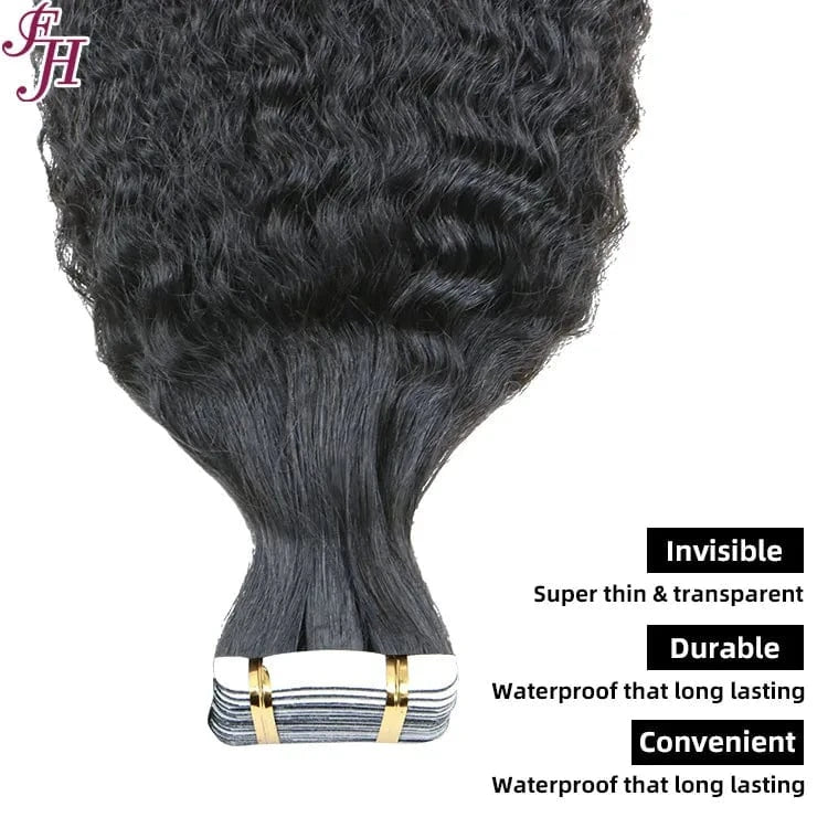 FH 250gram Raw Brazilian Tape In Hair Extensions Kinky Straight Natural Color Invisible Tape In Hair Extensions Kinky Straight