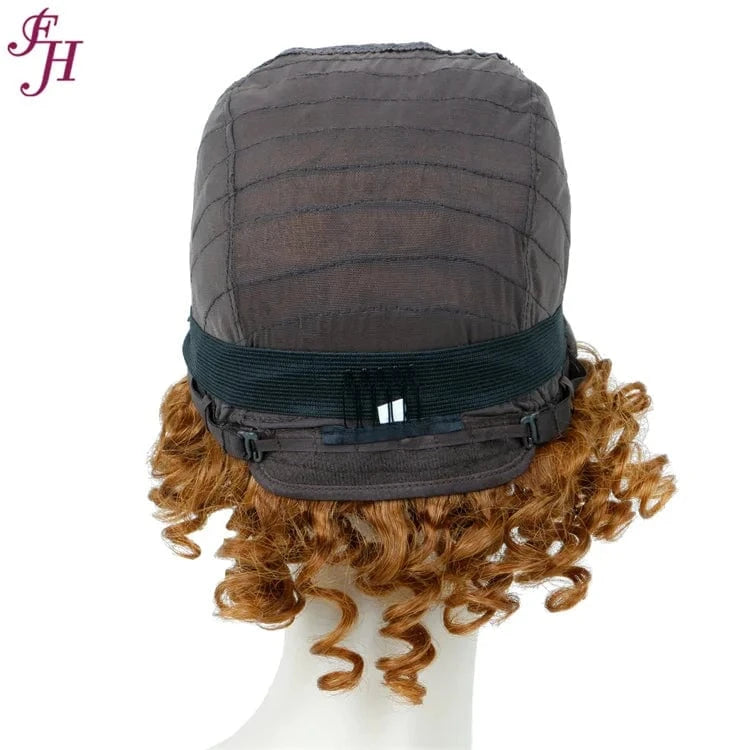 FH Best Quality Raw Virgin Human Hair Wig No Lace Short Brown Curly Wig 100% Human Hair Machine Made Wig With Bang