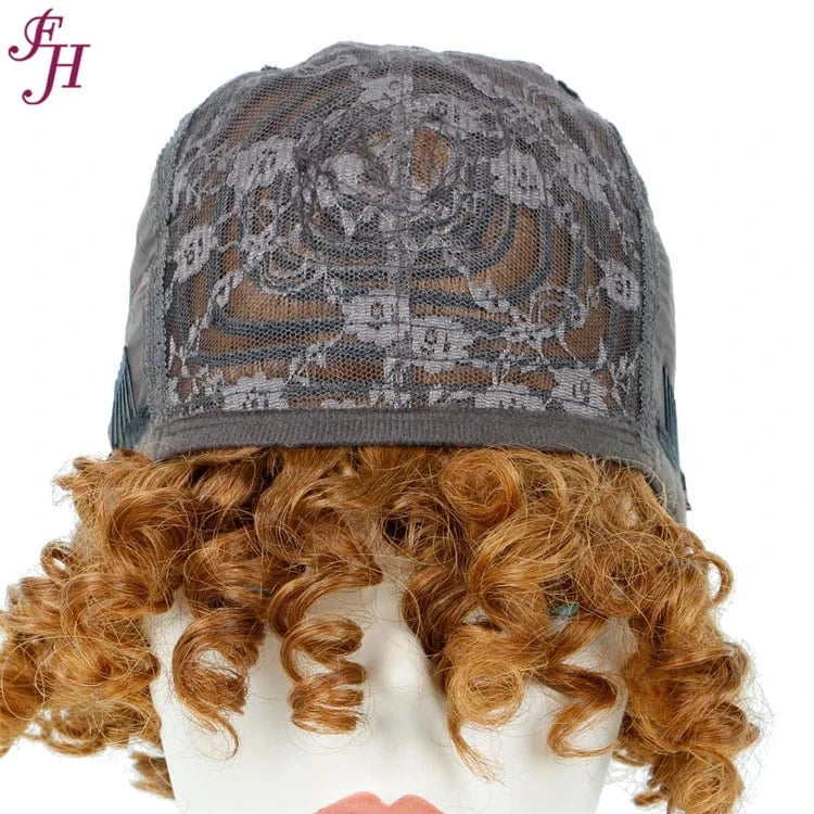 FH Best Quality Raw Virgin Human Hair Wig No Lace Short Brown Curly Wig 100% Human Hair Machine Made Wig With Bang
