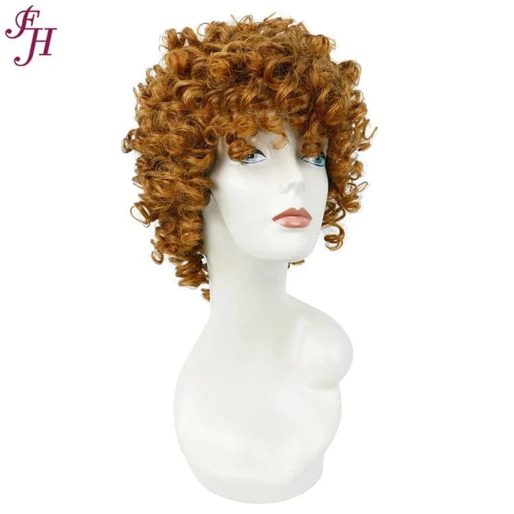 FH Best Quality Raw Virgin Human Hair Wig No Lace Short Brown Curly Wig 100% Human Hair Machine Made Wig With Bang