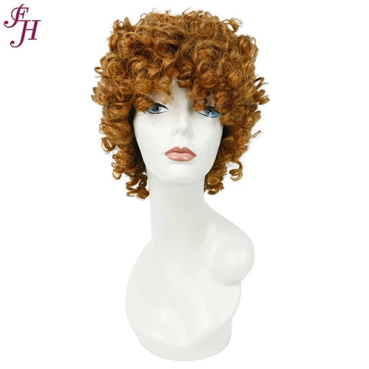 FH Best Quality Raw Virgin Human Hair Wig No Lace Short Brown Curly Wig 100% Human Hair Machine Made Wig With Bang