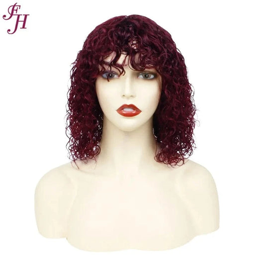 FH Brazilian 100% Virgin Human Hair Wig 12 Inches Curly 99j Colored Bob Raw Human Hair Wig Brazilian Human Hair Wig With Bang