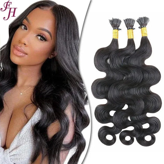 FH unprocessed raw brazilian hair i tip human hair extension natural black body wave i-tip remy hair extensions