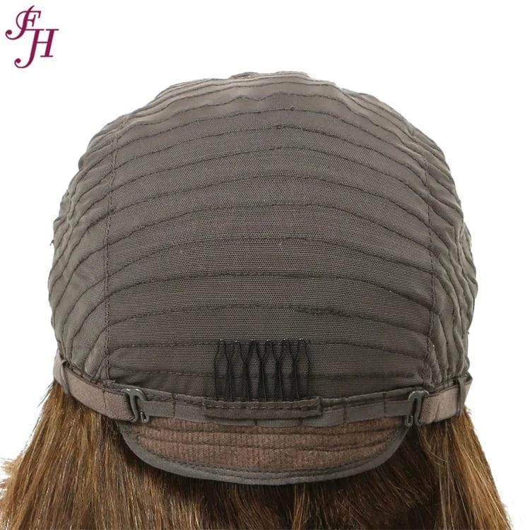 FH Wholesale India Virgin 180% Density Human Hair Wig 12 Inch Straight Brown Bob Machine Made Wig 100% Human Hair Wig With Bang