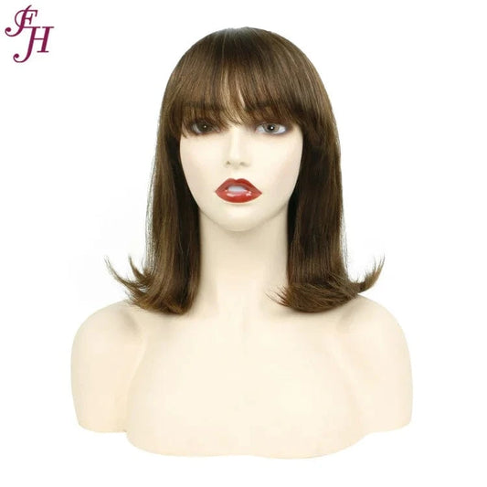 FH Wholesale India Virgin 180% Density Human Hair Wig 12 Inch Straight Brown Bob Machine Made Wig 100% Human Hair Wig With Bang