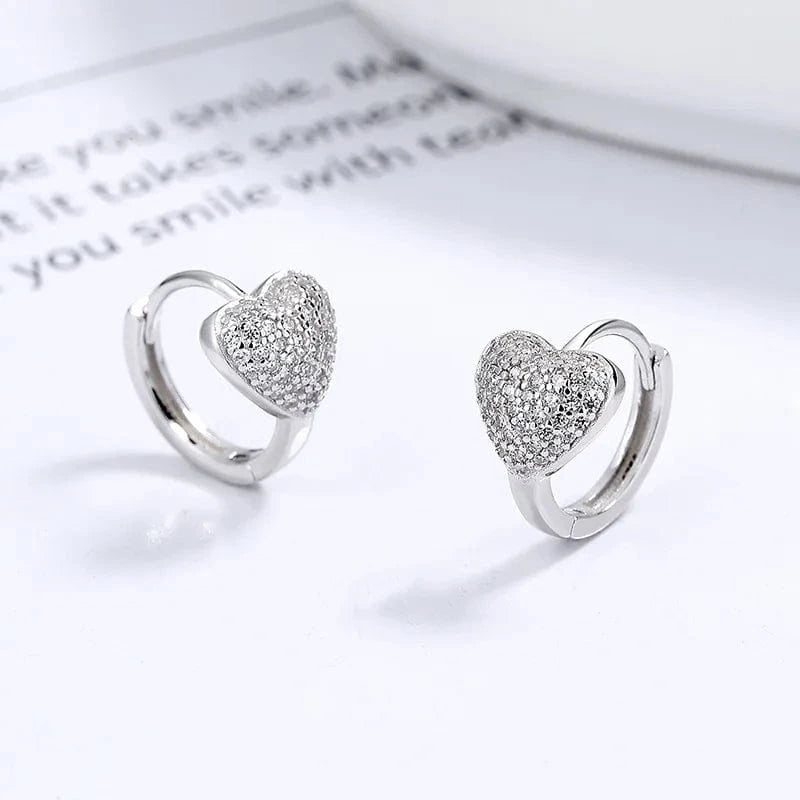 fine jewelry 925 sterling silver heart earrings love heart full diamond zircon gold plated hoop earrings for women