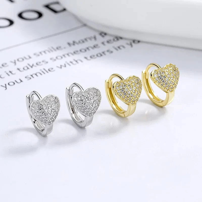 fine jewelry 925 sterling silver heart earrings love heart full diamond zircon gold plated hoop earrings for women