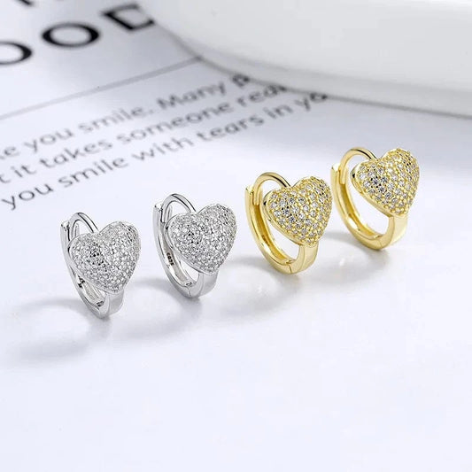 fine jewelry 925 sterling silver heart earrings love heart full diamond zircon gold plated hoop earrings for women
