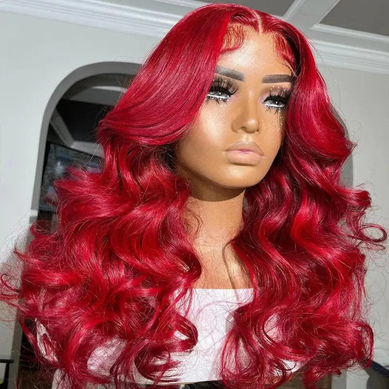 Fire Red Colored 4x4 Closure Wigs With Baby Hair 100% Human Hair Wigs Transparent 13x4 Body Wave Lace Frontal Wig For Women