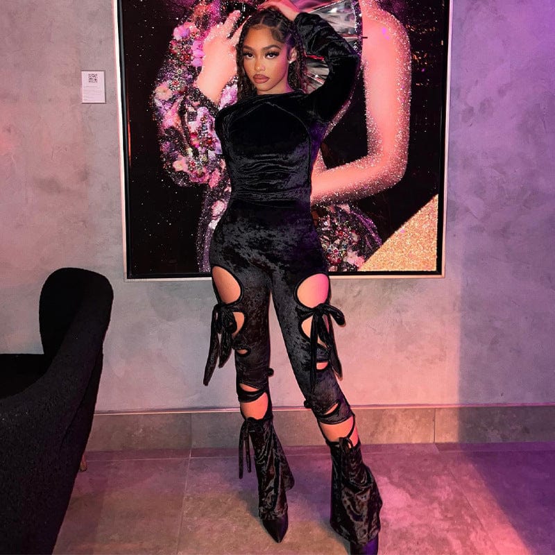 fitted S / black 1037 Velvet Long Sleeve Hollow Out Hole With Hat Sexy Winter One Piece Jumpsuit 2022 New Arrivals Party Club Casual Clothing