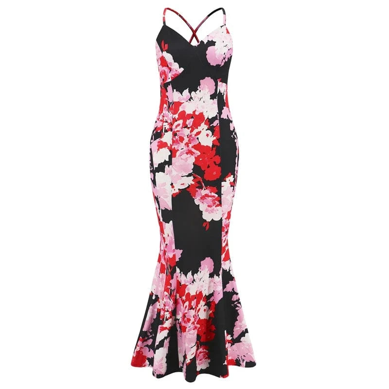 floral print bohemian fashion vacation backless sleeveless maxi long trumpet mermaid sun dress new 2024 sundress for woman