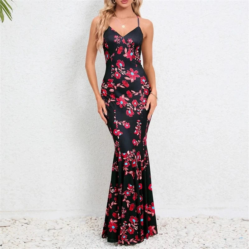 floral print bohemian fashion vacation backless sleeveless maxi long trumpet mermaid sun dress new 2024 sundress for woman