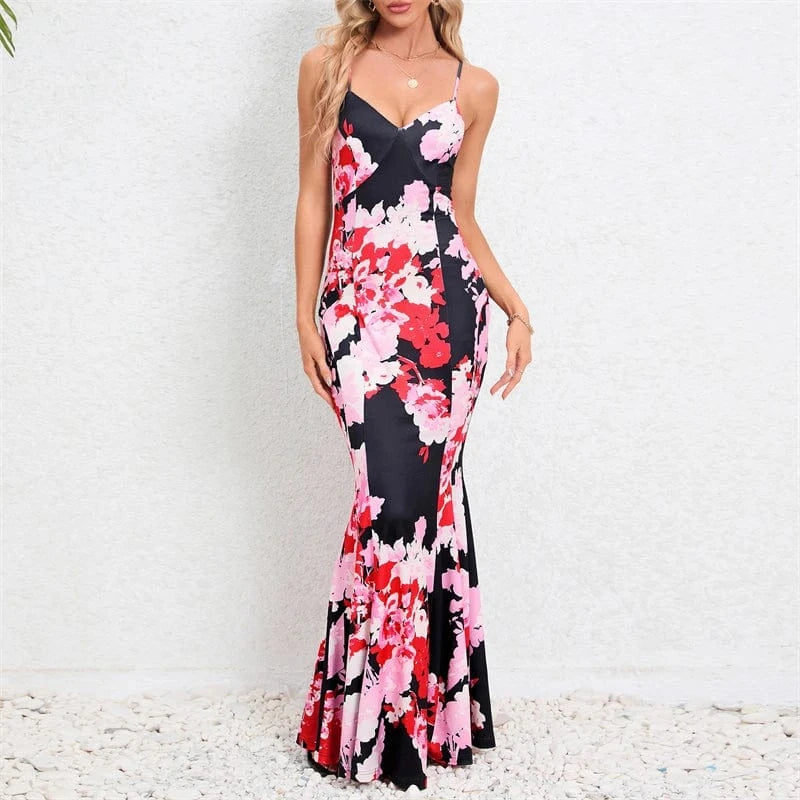floral print bohemian fashion vacation backless sleeveless maxi long trumpet mermaid sun dress new 2024 sundress for woman