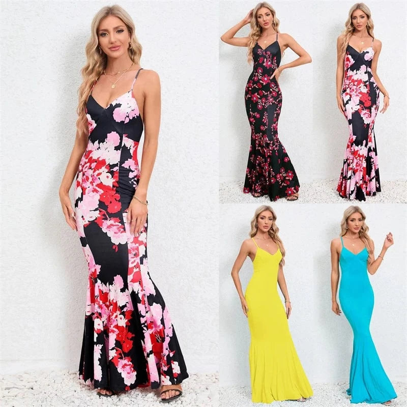 floral print bohemian fashion vacation backless sleeveless maxi long trumpet mermaid sun dress new 2024 sundress for woman