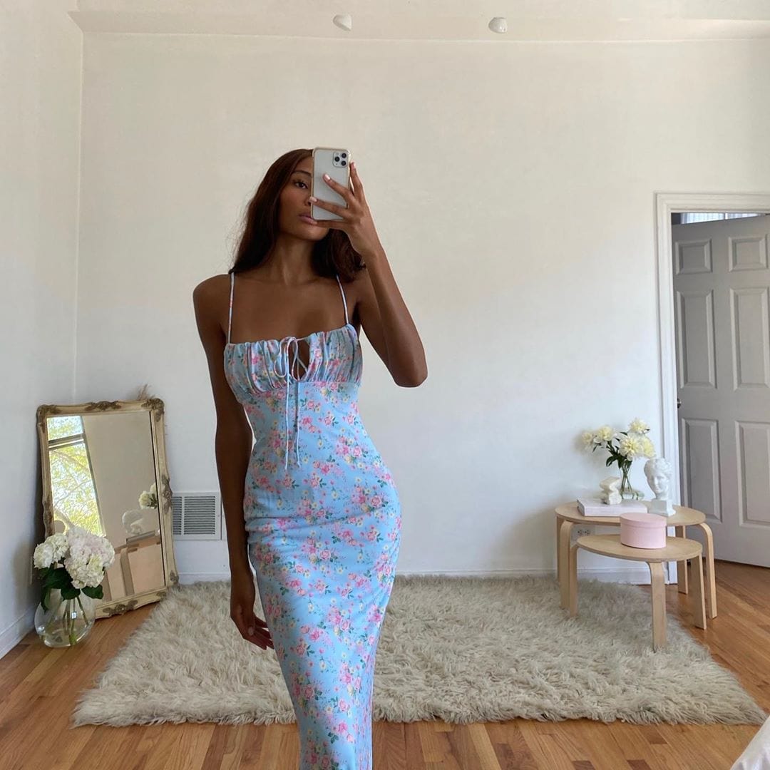 Floral Print Puff Sleeve Tie Front High Split Dress Women Ruched Drawstring Party Long Dress Vestidos Sundress