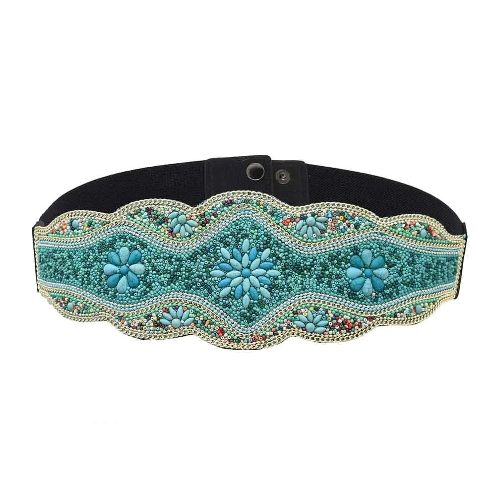 flower / green Bohemian Belt for Women Zulu Beaded Elastic Stretch Adjustable Waist Belt Retro Ethnic Belly Chain Exotic Body Jewelry