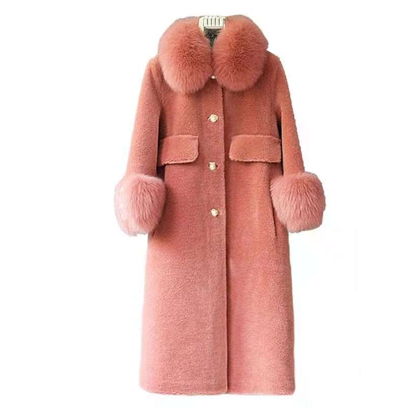 Fluffy Fox Fur Collar women coat Warm Luxury Outerwear Fashion Lady Long Sleeves Winter Coat New Shearling coat for women