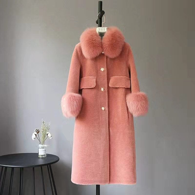 Fluffy Fox Fur Collar women coat Warm Luxury Outerwear Fashion Lady Long Sleeves Winter Coat New Shearling coat for women