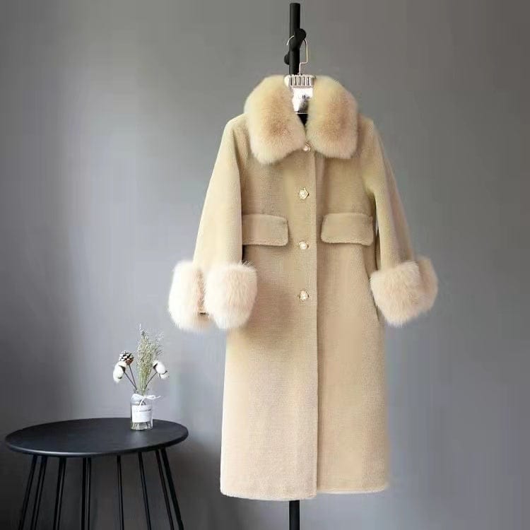 Fluffy Fox Fur Collar women coat Warm Luxury Outerwear Fashion Lady Long Sleeves Winter Coat New Shearling coat for women