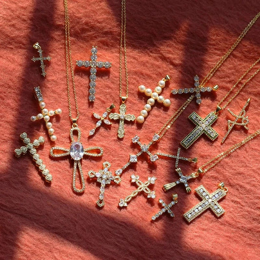 Flynee Luxury Cross Women Pendant Micro Pave Cubic Zirconia Cross Charm Plated 18K Real Gold Tiny Cross Necklace