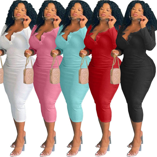 FNN-8629 Autumn And Winter Women'S Clothing Sexy Solid Color V-Neck Long-Sleeved Plus Size Women'S Dress