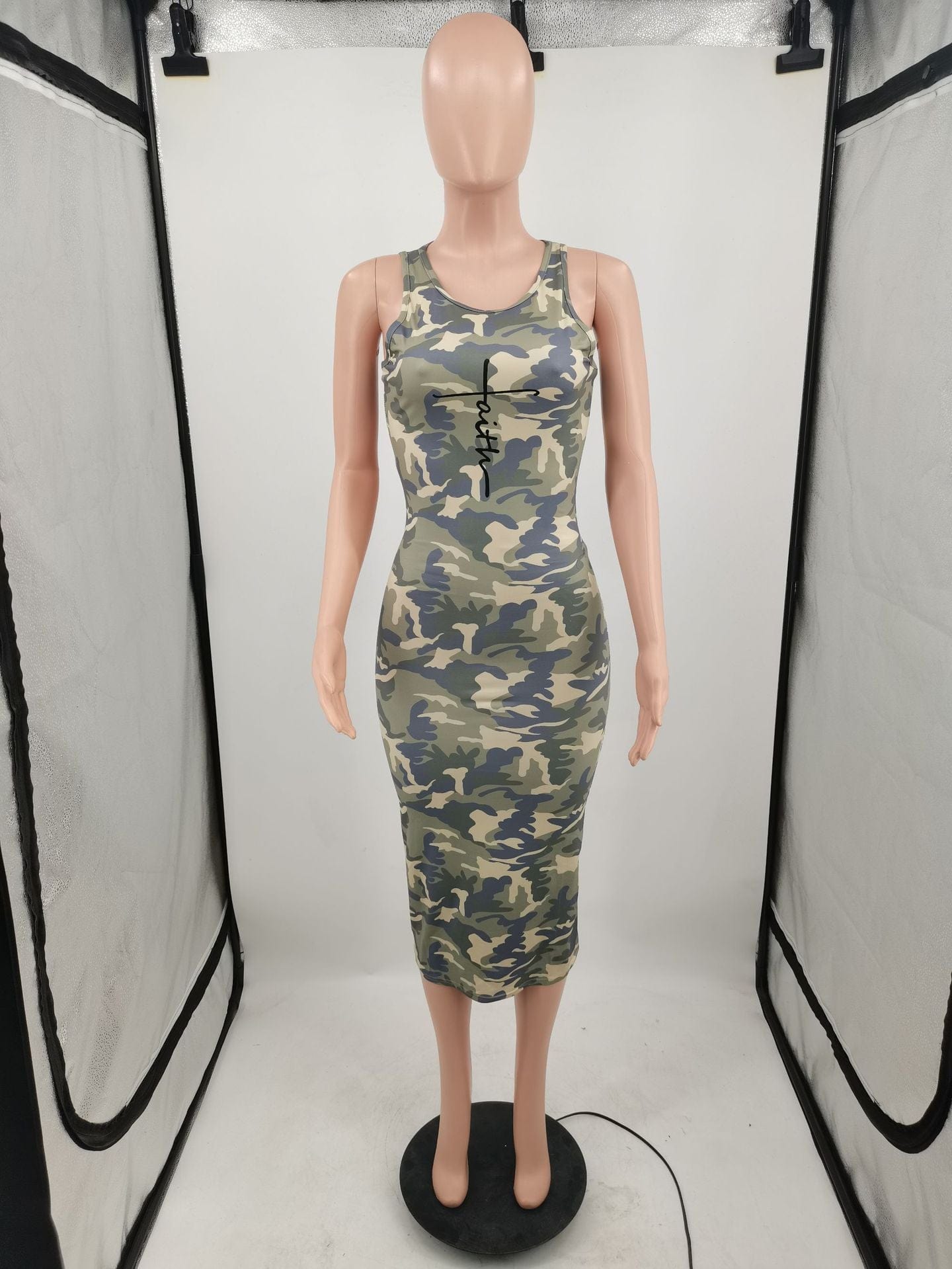 Foma 2023 Sleeveless round neck camouflage print casual midi women summer fashion bodycon dress