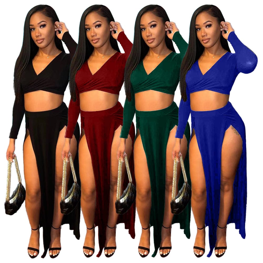 Foma 2023 solid color two piece set women clothing crop top skirt and top set for women skirt set