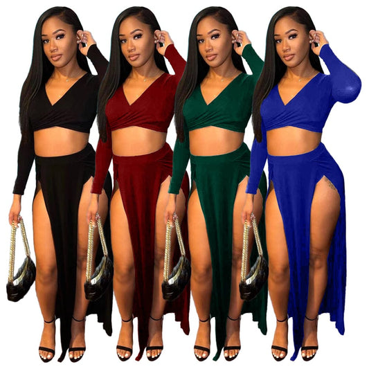 Foma 2023 solid color two piece set women clothing crop top skirt and top set for women skirt set