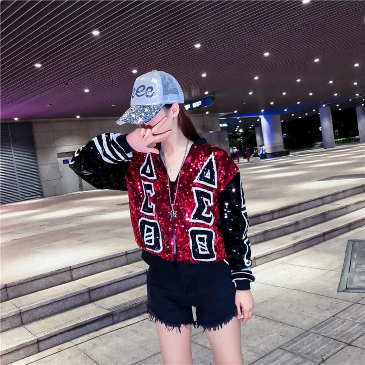 Free / 1 B2937 Black Sequin Red Black DST Letters Sorority Sequin Jackets Baseball jackets Delta Jacket