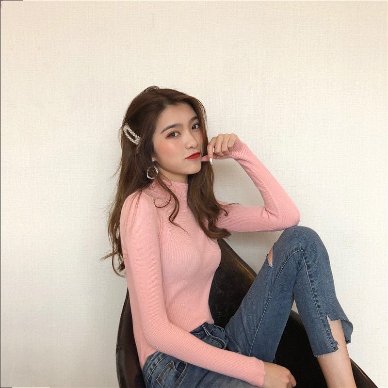 Free / 1 Candy Colored High-Neck Bottoming Shirt Women's Autumn And Winter New Style Thin Tight-Fitting Blouse Long-Sleeved Sweater