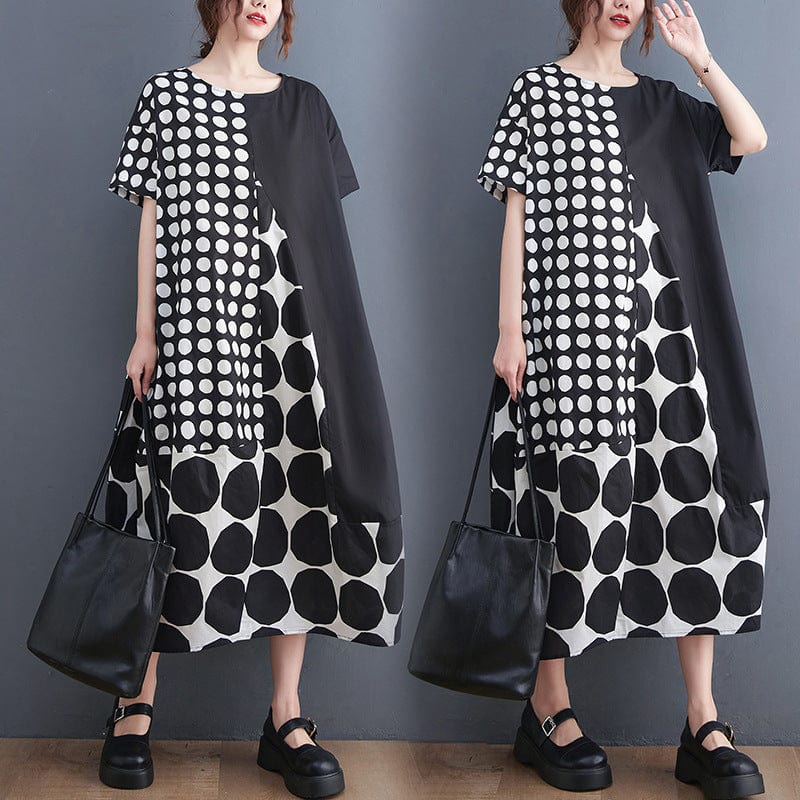 Free / 1 One size  Summer Art Large Size Loose Slim Casual Polka Dot Patch Mid length Dress