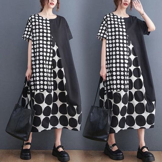 Free / 1 One size  Summer Art Large Size Loose Slim Casual Polka Dot Patch Mid length Dress