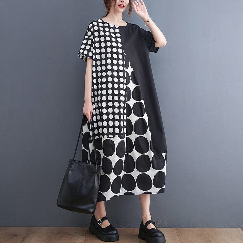 Free / 1 One size  Summer Art Large Size Loose Slim Casual Polka Dot Patch Mid length Dress