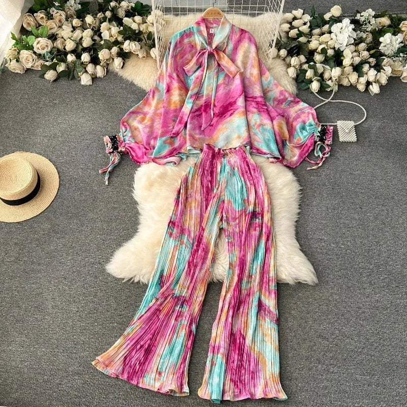 Free / 12 European and American Set Women High Grade Bat Sleeve Printed Top+Dropping Pleated Pants Two piece