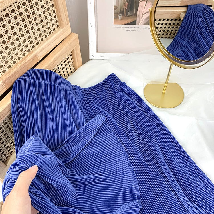 Free / 13 Factory direct sales High waist skinny ice silk pleated wide leg pants Chiffon Casual Pants