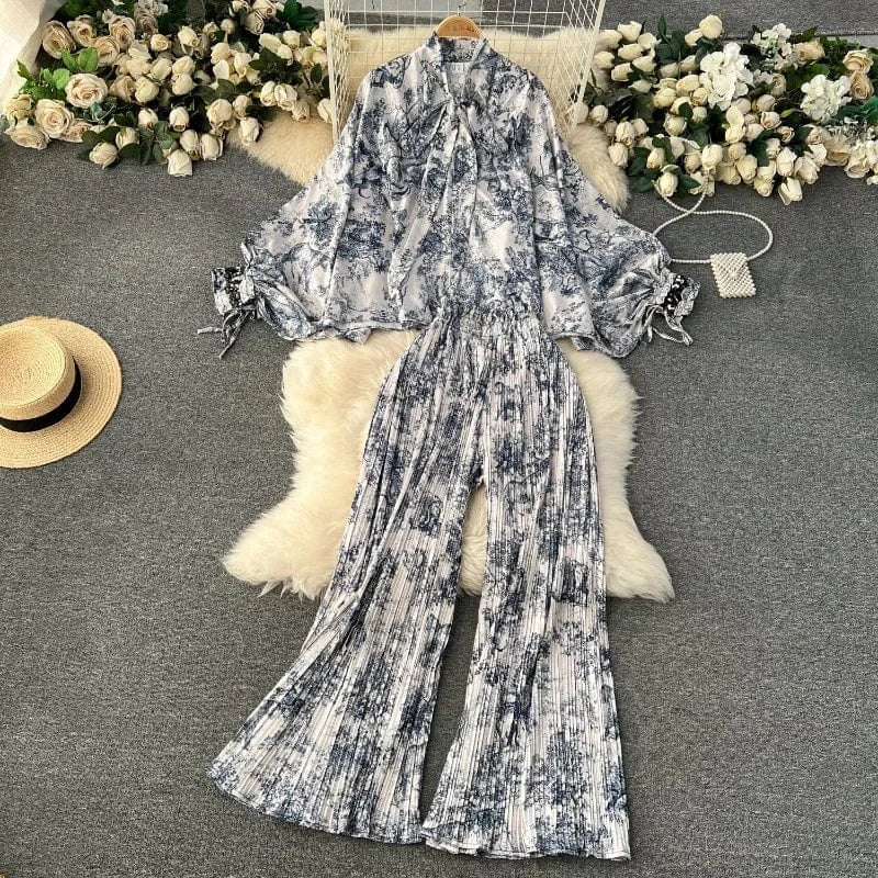 Free / 14 European and American Set Women High Grade Bat Sleeve Printed Top+Dropping Pleated Pants Two piece