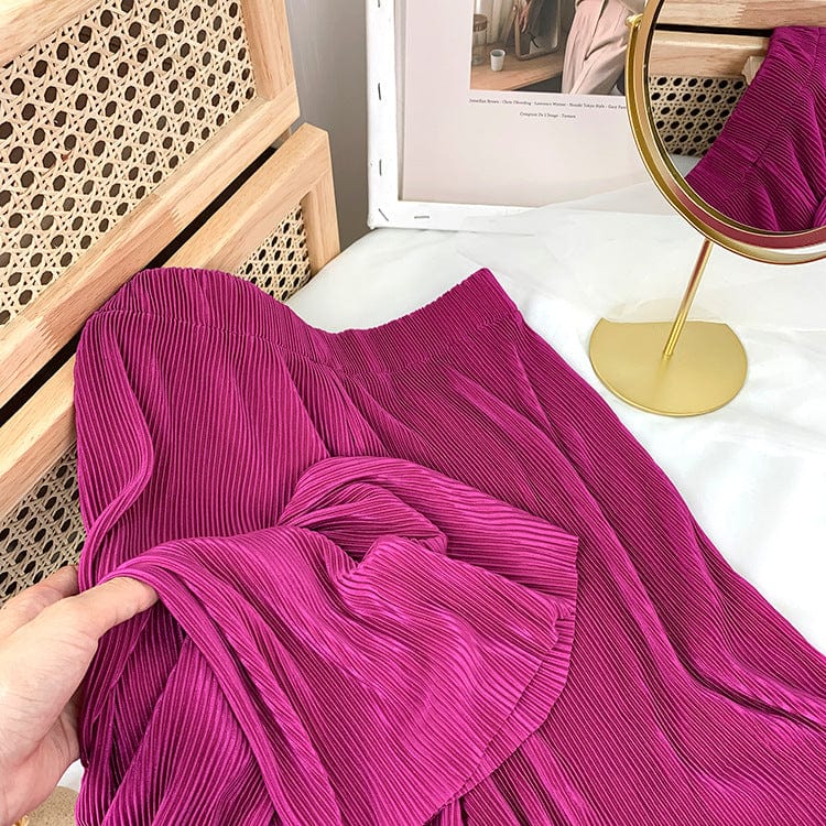 Free / 14 Factory direct sales High waist skinny ice silk pleated wide leg pants Chiffon Casual Pants