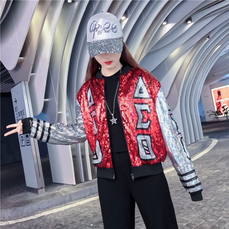 Free / 2 B2937 Black Sequin Red Black DST Letters Sorority Sequin Jackets Baseball jackets Delta Jacket