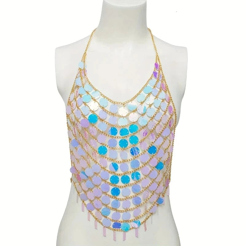 Free / 2 Colorful Sequin Tassel Sexy Carnival Bra Chain Beach Vacation Body Chain