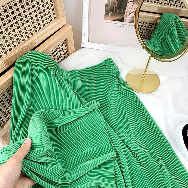 Free / 2 Factory direct sales High waist skinny ice silk pleated wide leg pants Chiffon Casual Pants